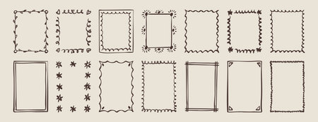 Wavy frame border beige brown doodle hand drawn icon. Outline drawing curly frame line clipart symbol.のイラスト素材