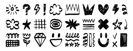 Graffiti sketch symbols set collection doodle hand drawn icon. Outline drawing crown star heart line clipart symbol.のイラスト素材