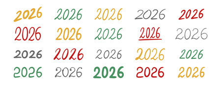 hand drawn doodle 2026 lettering text designs various styles and colors. 2026 New Year themes, greeting cards, decorations, 2026 visualsのイラスト素材