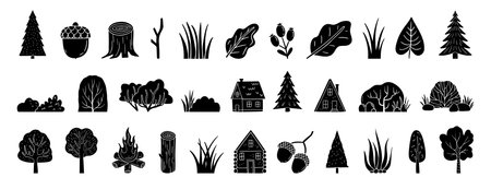 Scandinavian boho forest silhouette isolated elements. mystical and elegant collection various plants forest. Trees, bush, grass, logs, leavesのイラスト素材