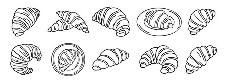 croissant doodle hand drawn icon set. Outline drawing croissant french breakfast line clipart symbol collectionのイラスト素材