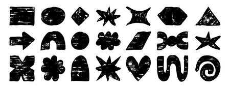 Geometric shapes black fill set collection doodle hand drawn icon. Outline drawing circle square triangle line clipart symbol.のイラスト素材