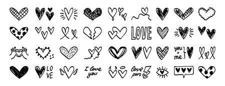 loose heart sketches in playful ink on bright paper, imperfect strokes and mini motifs create cozy romantic vibe, ideal for social posts, casual cards, DIY gifts, and moodboard accentsのイラスト素材