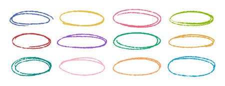 Multi colored ovals and bubbles to circle and highlight text. Set of hand drawn colorful vector doodle ellipses. Different brush drawn black circles, marker round elements.のイラスト素材