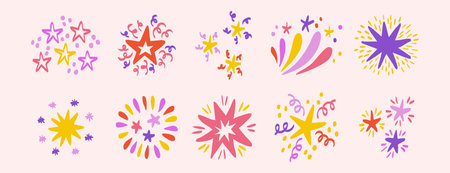 Star firework pink girly set collection doodle hand drawn icon. Outline drawing sparkle line clipart symbol.のイラスト素材