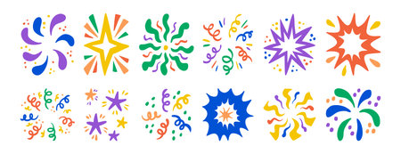 Firework colorful set collection doodle hand drawn icon. Outline drawing burst line clipart symbol.のイラスト素材