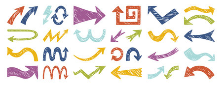Thick arrow colorful icons set collection doodle hand drawn icon. Outline drawing curve line clipart symbol.のイラスト素材
