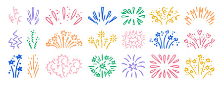 Colorful bright Festive firework explosion set isolated on white background. Vector illustration of hand drawn confetti burst effect, party firecracker sparks, abstract spiral.のイラスト素材