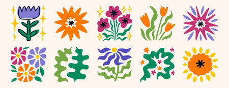 Creative flower poster style collection, bold colorful floral illustrations in square layoutのイラスト素材