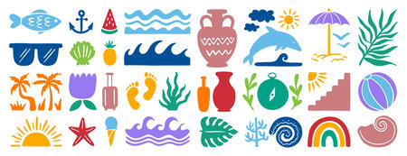 retro groovy boho geometric summer surf beach or palm tree set. beach elements hand drawn cartoon doodle signsのイラスト素材