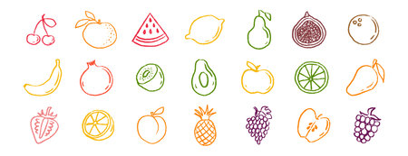 Fruit icons chalk hand drawn doodle set. Drawing crayon fruitのイラスト素材