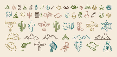 Wild west cowboy doodle icon set. Hand drawn boho signs collection. Aztec southwestern elements set.のイラスト素材