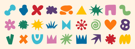colorful organic doodle hand drawn colorful set. shapes and squiggles childish style. Abstract funny...