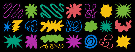 Groovy funky abstract elements trendy funky set. Star, flower, cloud shape, line sticker pack,...