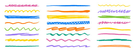 Chalk crayon lines, charcoal underlines highlight strokes doodle set. strips, brush line sketch style.のイラスト素材