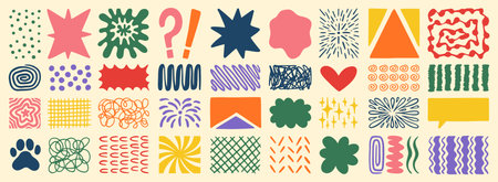 Retro shapes elements set. Abstract paw, star, flower, shapes and stickers. Groovy funky bubble,...