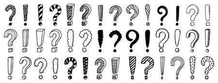 Doodle exclamation mark and question marks set. Hand drawn drawing punctuation symbols, creative ink...