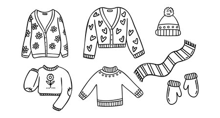 Cozy autumn doodle set of autumn clothing hat mittens scarf cardigans sweaters, line art monochrome hand drawn outlineのイラスト素材