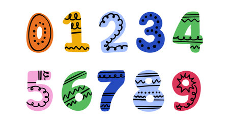 colorful kids numbers vector from 1 to 0 with doodle messy pattern lines. set, doodle hand drawn,...
