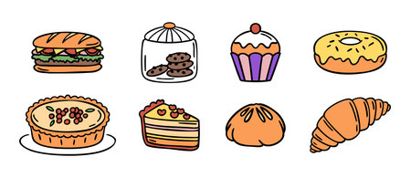 Desserts set pie cake cookies cupcakes donut croissant sandwich, cozy hand drawn doodle style.