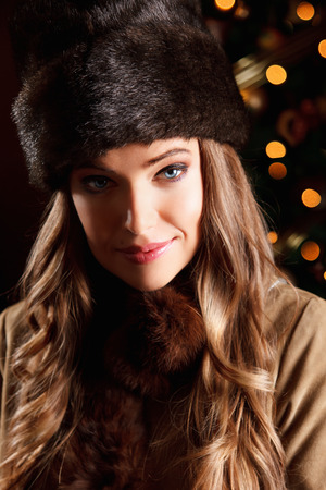 Closeup of a beautiful elegant woman in furの写真素材