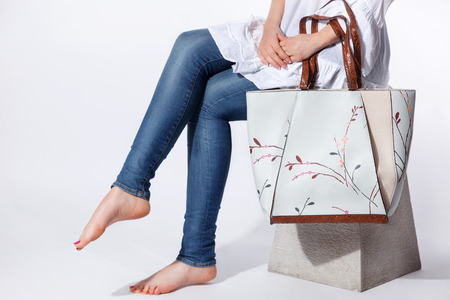 Close-up of an elegant woman stylish bag for spring and summerの写真素材