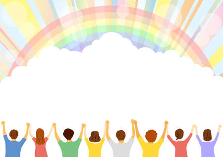 People who hold hands, many years old, rainbow background.のイラスト素材