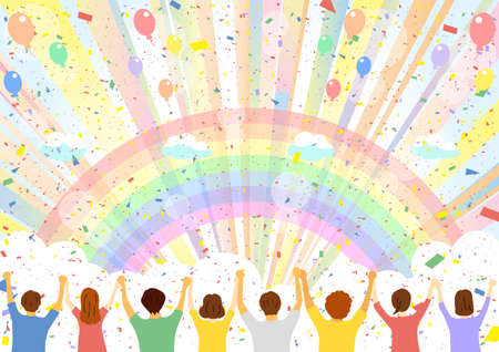 People who hold hands, many years old, rainbow background.のイラスト素材