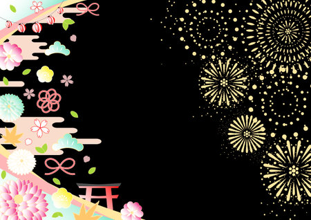 Gorgeous Japanese pattern fireworks black backgroundのイラスト素材