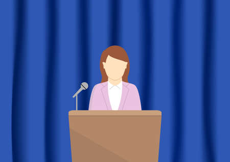 Woman inging in front of the blue curtainのイラスト素材