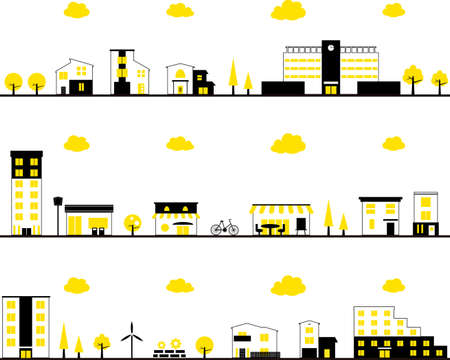 Set of yellow and black city, figure silhouetteのイラスト素材
