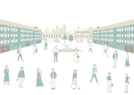 Square with fountain and young men and womenのイラスト素材