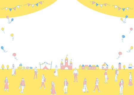 Hand drawn amusement park and young men and womenのイラスト素材