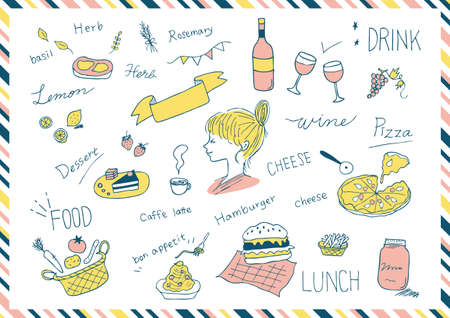Hand drawn illustration set of food, women and wineのイラスト素材