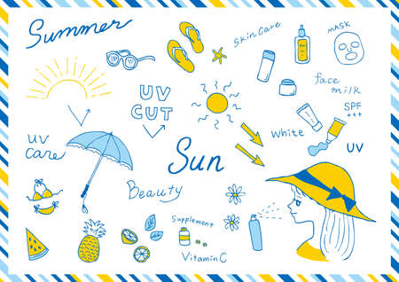 UV Protection Women UV Care Hand drawn material collectionのイラスト素材