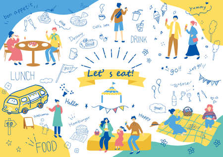 Cute hand-drawn illustration set with people eatingのイラスト素材