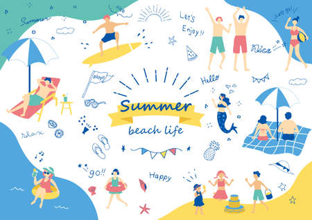 Summer People Playing in the Sea Material Collectionのイラスト素材