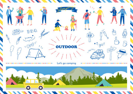 A collection of materials that are easy to use for camping and outdoor activitiesのイラスト素材