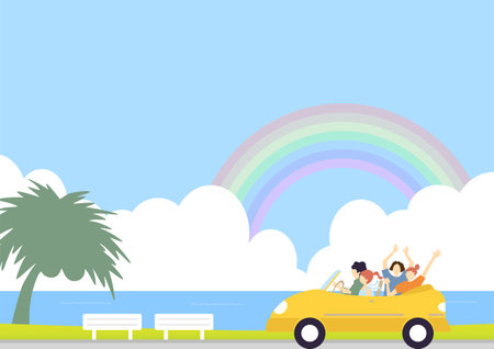 People driving along the coastline in convertiblesのイラスト素材