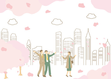 Office workers enjoying cherry blossom viewingのイラスト素材