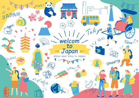 Foreigners enjoying Japan sightseeingのイラスト素材