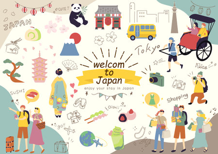 Foreigners enjoying Japan sightseeingのイラスト素材