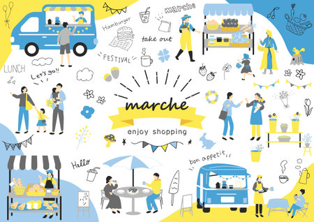 People enjoying themselves at the Marche holiday marketのイラスト素材