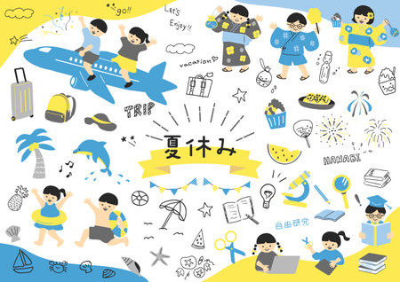 Set of children enjoying summer vacation eventsのイラスト素材