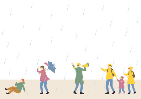 People evacuating in heavy rainのイラスト素材