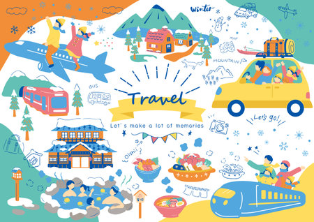 People who enjoy winter travel by vehicleのイラスト素材