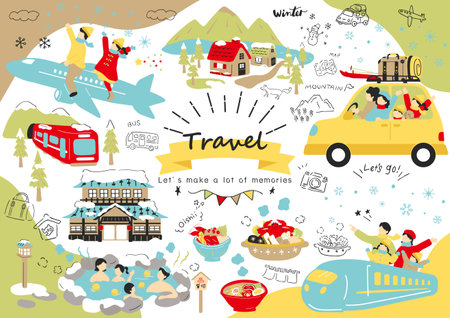 People who enjoy winter travel by vehicleのイラスト素材