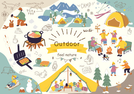 People enjoying winter campingのイラスト素材