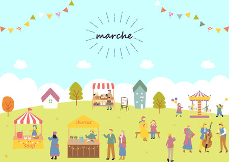 People enjoying themselves at the Marche holiday marketのイラスト素材