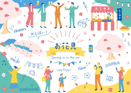 People enjoying cherry blossom viewingのイラスト素材